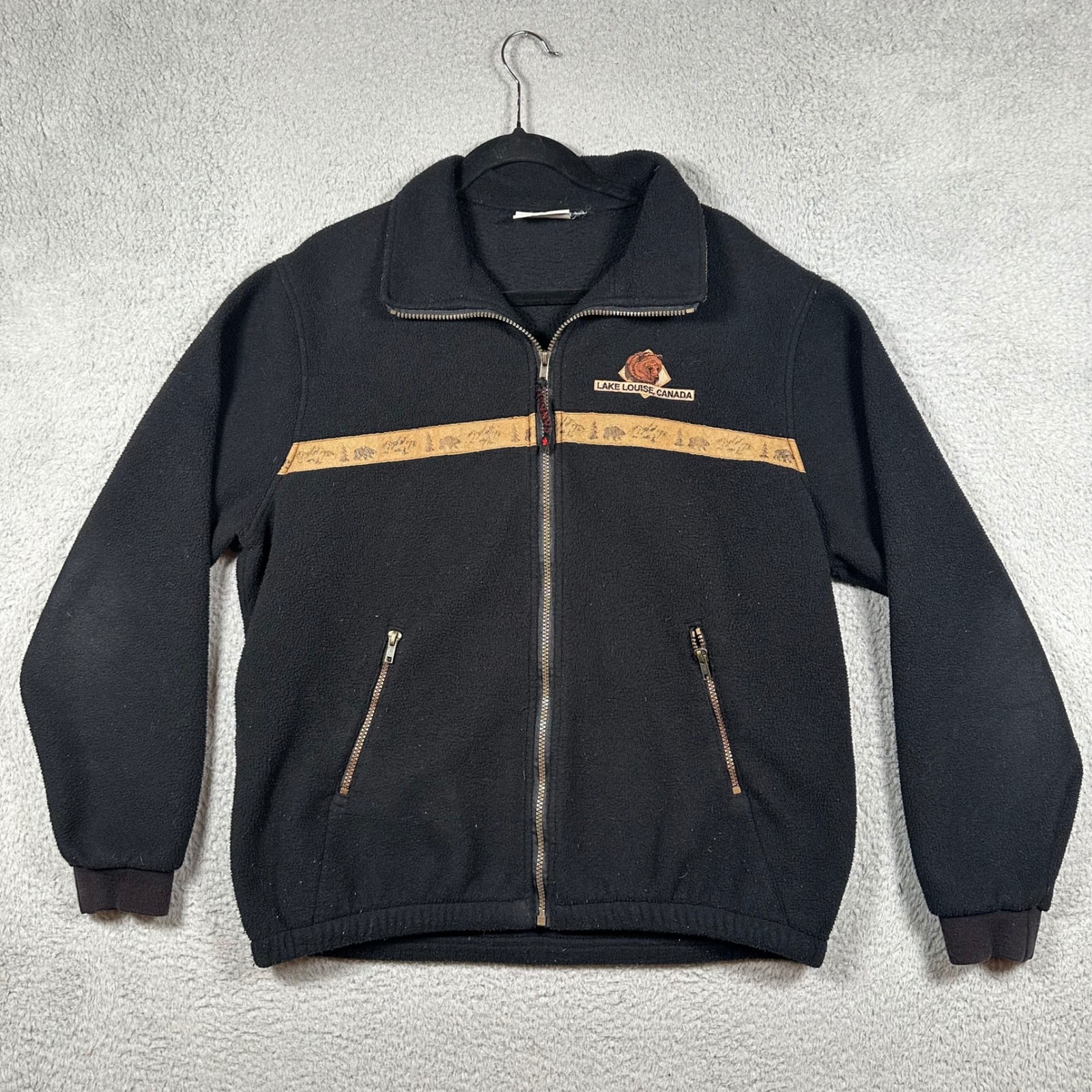 Vtg The Shirt Company Lake Louise Fleece Jacket Black Grizzly Bear Full Zip Xl
